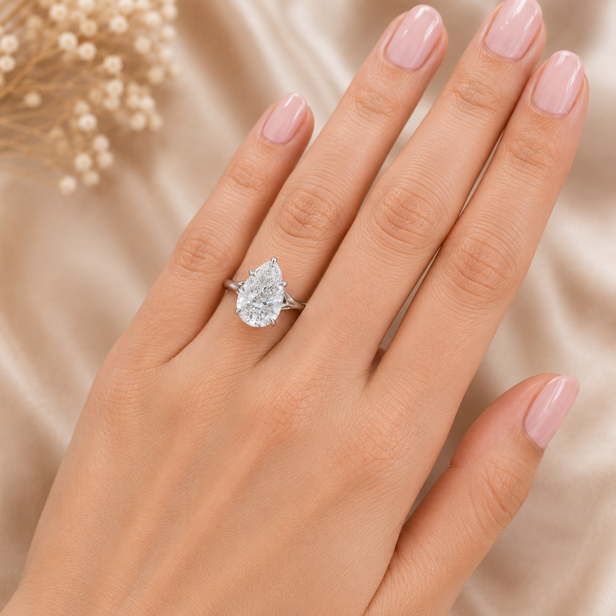 4.00 CT Pear Cut Lab-Grown Diamond Hidden Halo Engagement Ring in 14K White Gold – Vintage Art Deco Tulip Cathedral Design