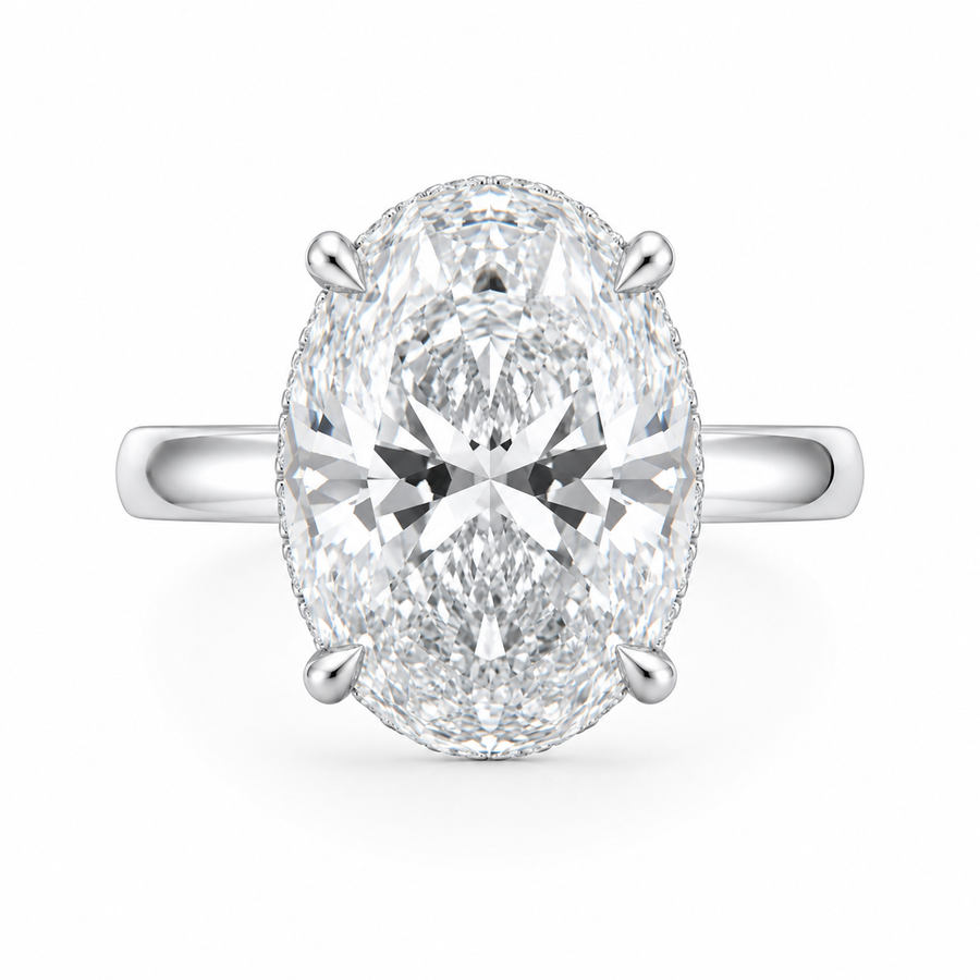 3.00 CT Oval Lab-Grown Diamond Hidden Halo Engagement Ring in 14K White Gold – Pavé Band Design | IGI Certified