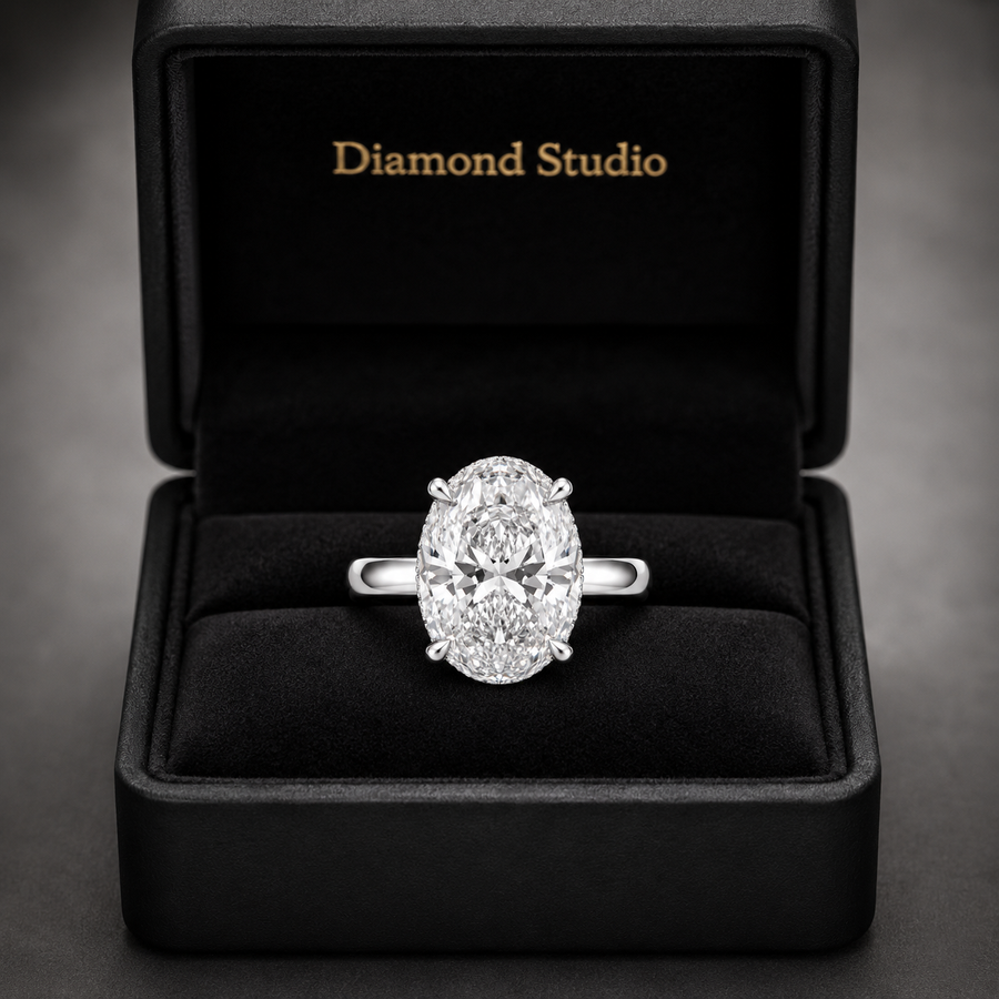 3.00 CT Oval Lab-Grown Diamond Hidden Halo Engagement Ring in 14K White Gold – Pavé Band Design | IGI Certified