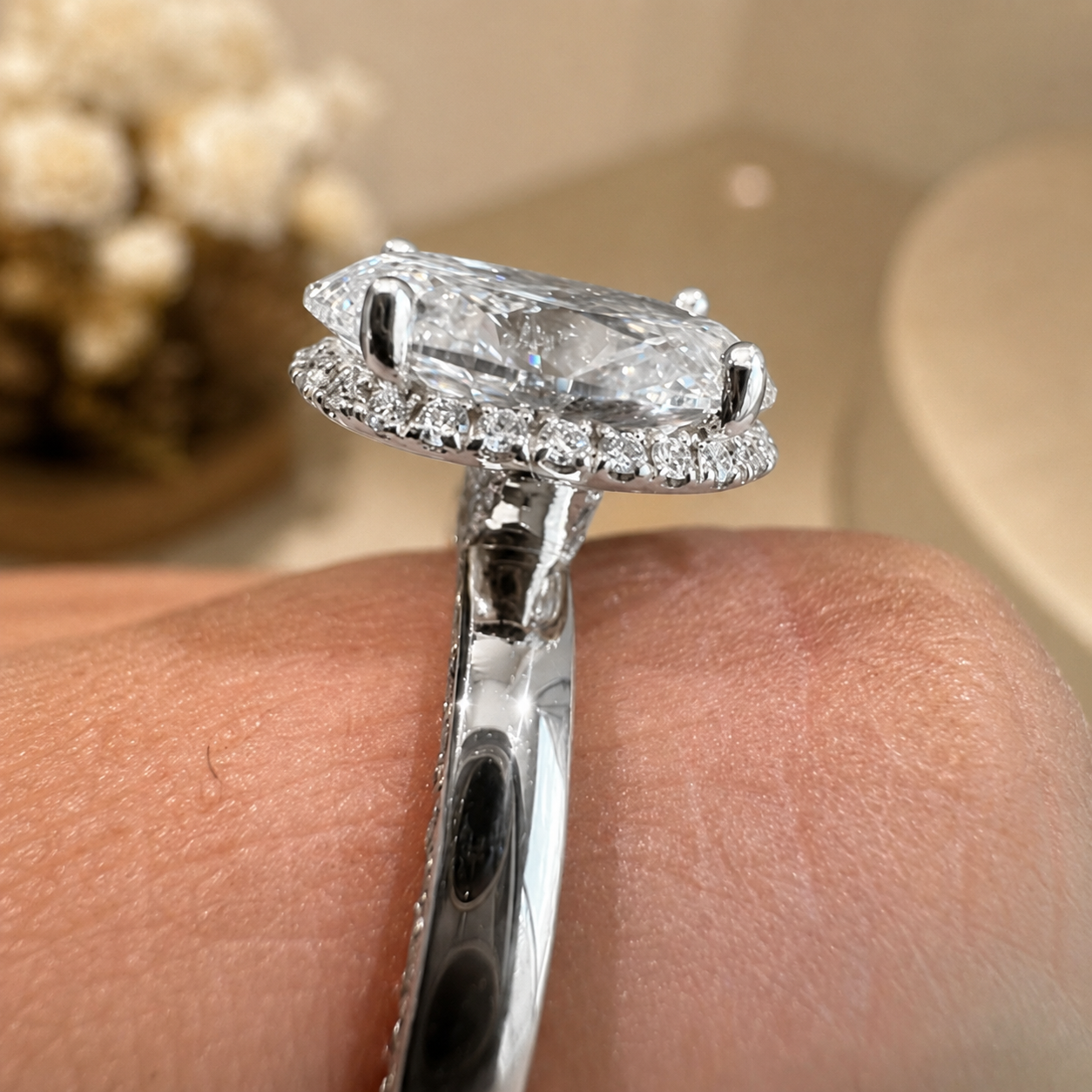 3.00 CT Oval Lab-Grown Diamond Hidden Halo Engagement Ring in 14K White Gold – Pavé Band Design | IGI Certified