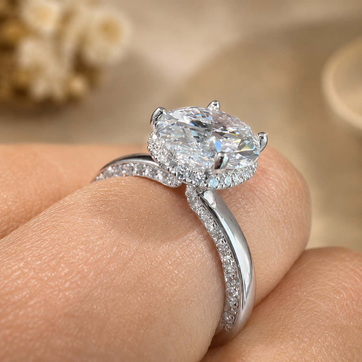 3.00 CT Oval Lab-Grown Diamond Hidden Halo Engagement Ring in 14K White Gold – Pavé Band Design | IGI Certified