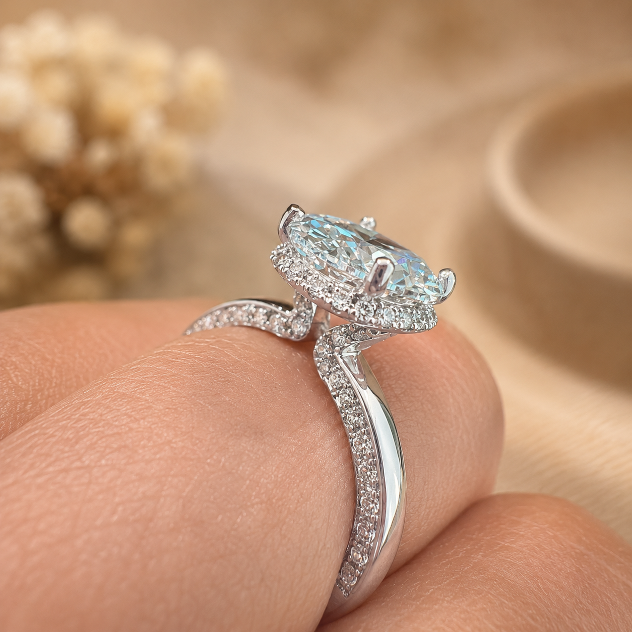 3.00 CT Oval Lab-Grown Diamond Hidden Halo Engagement Ring in 14K White Gold – Pavé Band Design | IGI Certified