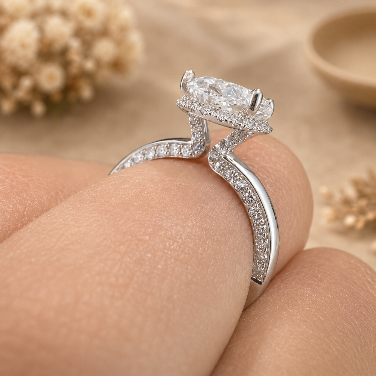 3.00 CT Oval Lab-Grown Diamond Hidden Halo Engagement Ring in 14K White Gold – Pavé Band Design | IGI Certified