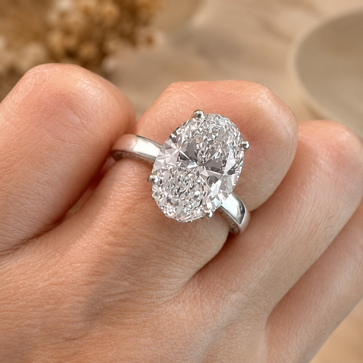3.00 CT Oval Lab-Grown Diamond Hidden Halo Engagement Ring in 14K White Gold – Pavé Band Design | IGI Certified