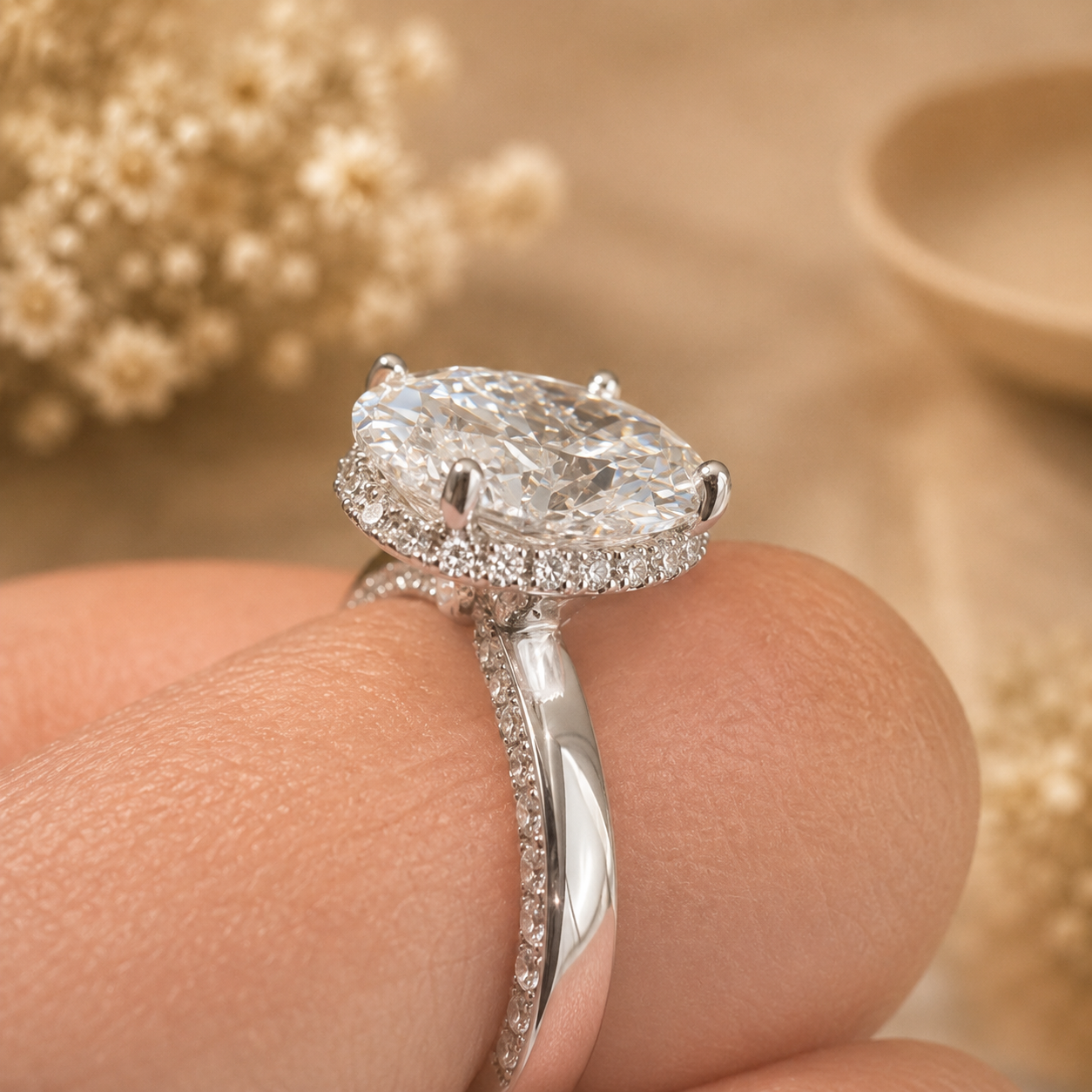3.00 CT Oval Lab-Grown Diamond Hidden Halo Engagement Ring in 14K White Gold – Pavé Band Design | IGI Certified