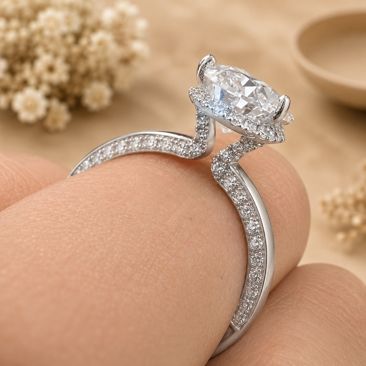 3.00 CT Oval Lab-Grown Diamond Hidden Halo Engagement Ring in 14K White Gold – Pavé Band Design | IGI Certified