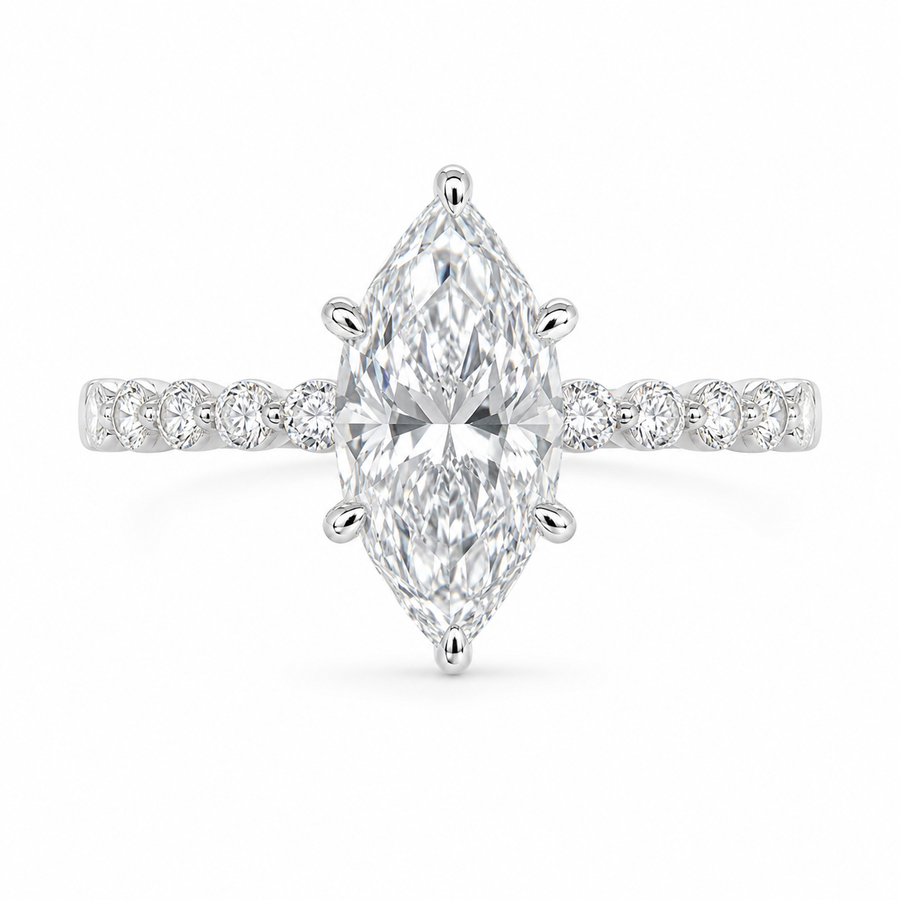 4.00 CT Dutch Marquise Lab-Grown Diamond Hidden Halo Engagement Ring in 14K White Gold – Round Side Stone Prong Set Design