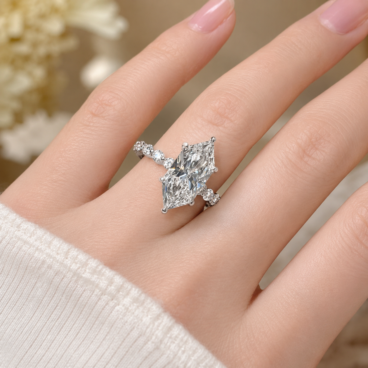 4.00 CT Dutch Marquise Lab-Grown Diamond Hidden Halo Engagement Ring in 14K White Gold – Round Side Stone Prong Set Design