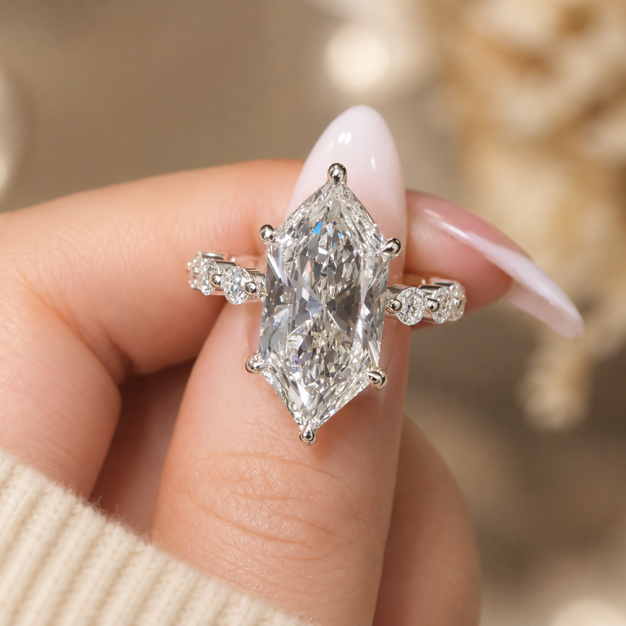 4.00 CT Dutch Marquise Lab-Grown Diamond Hidden Halo Engagement Ring in 14K White Gold – Round Side Stone Prong Set Design