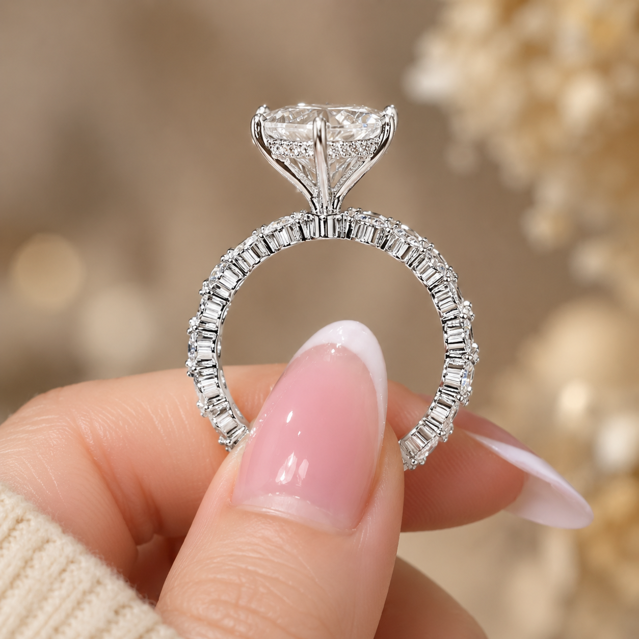 4.00 CT Dutch Marquise Lab-Grown Diamond Hidden Halo Engagement Ring in 14K White Gold – Round Side Stone Prong Set Design