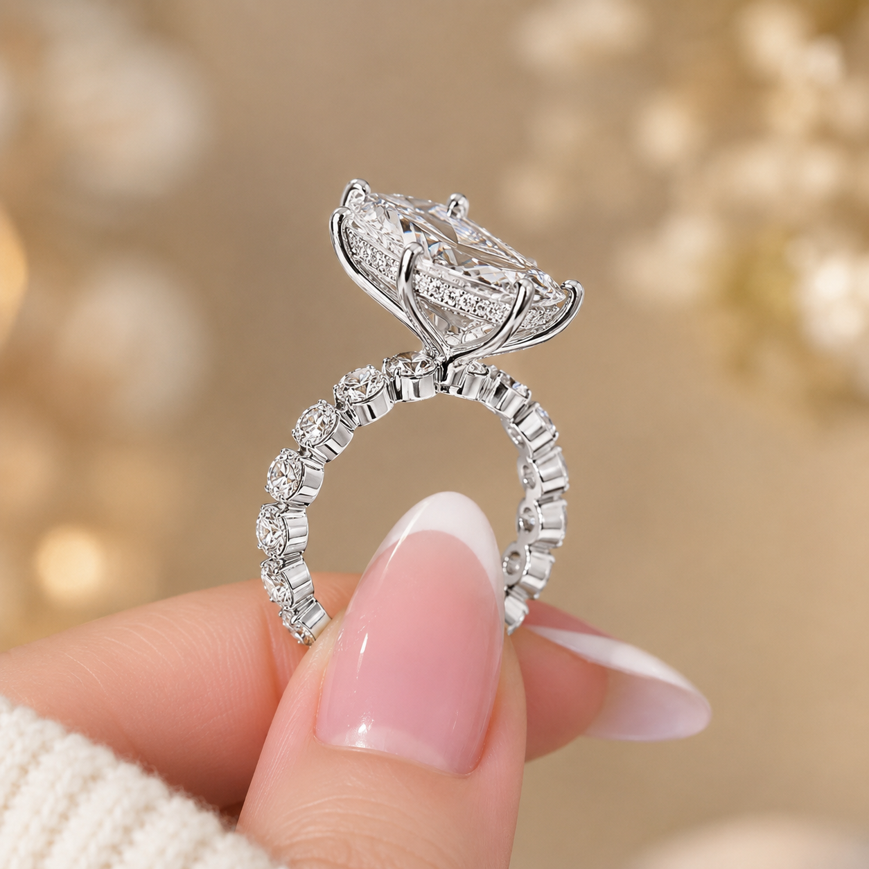 4.00 CT Dutch Marquise Lab-Grown Diamond Hidden Halo Engagement Ring in 14K White Gold – Round Side Stone Prong Set Design