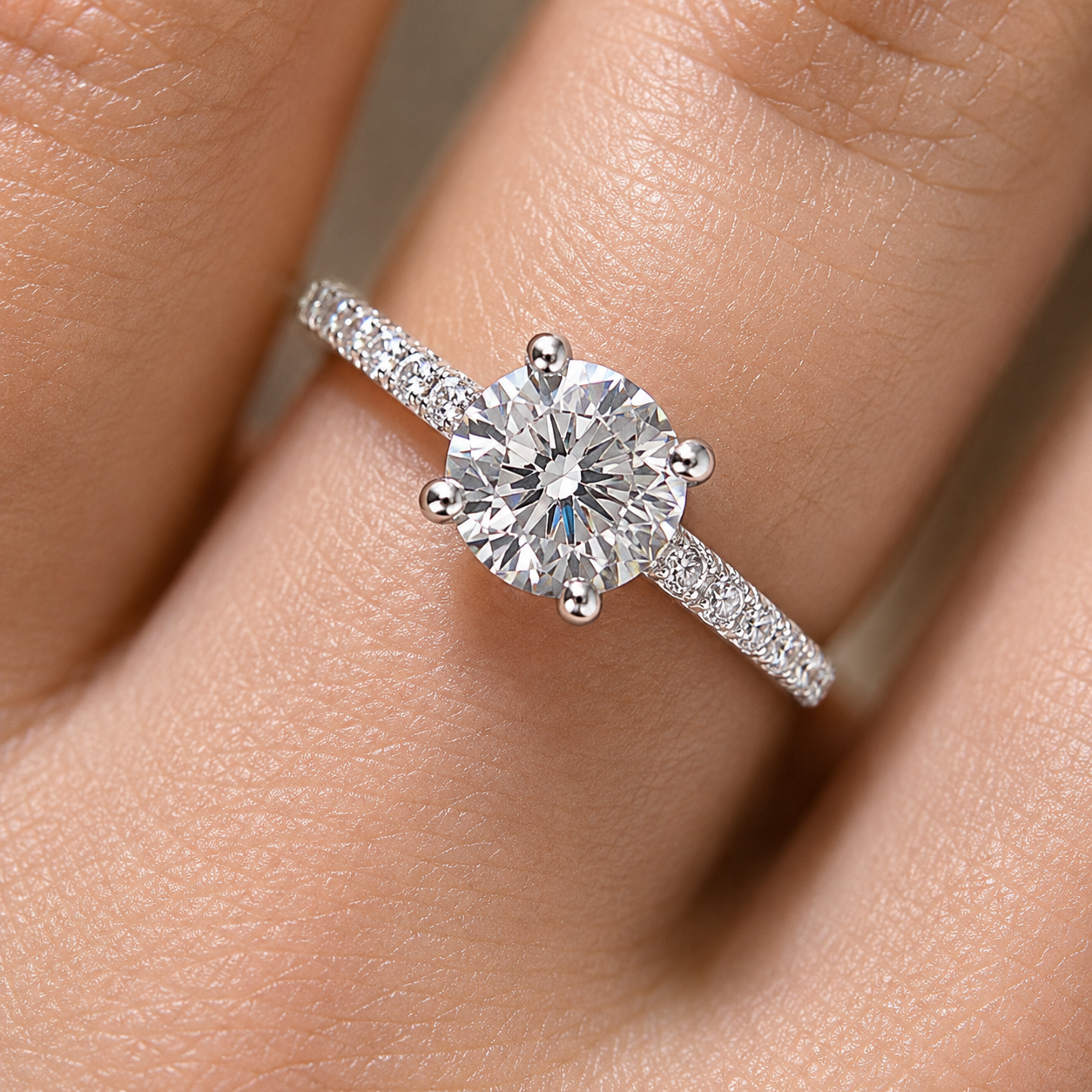 2.00 CT Round Brilliant Lab-Grown Diamond Hidden Halo Engagement Ring in 14K White Gold – Pavé Set Wedding Design