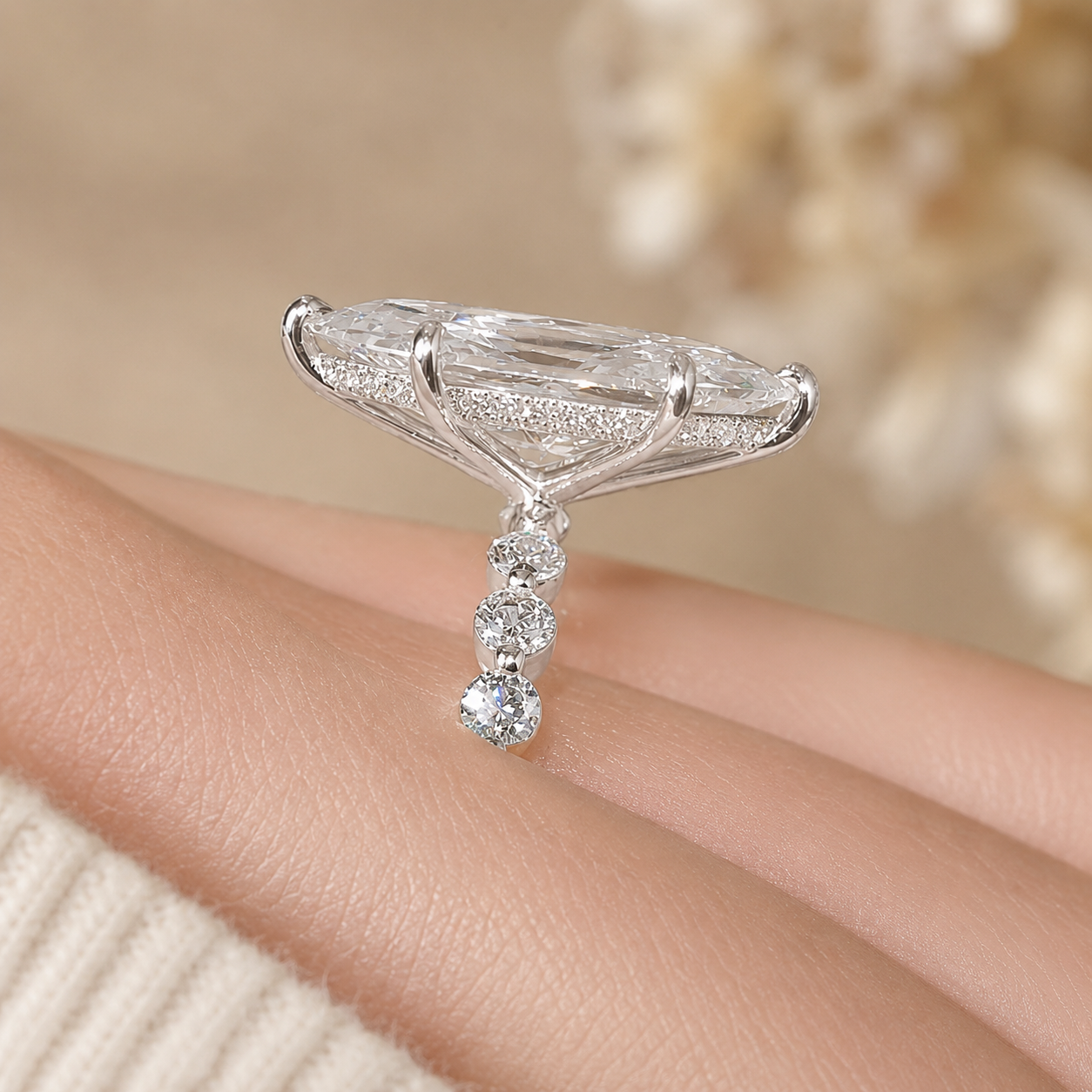 4.00 CT Dutch Marquise Lab-Grown Diamond Hidden Halo Engagement Ring in 14K White Gold – Round Side Stone Prong Set Design