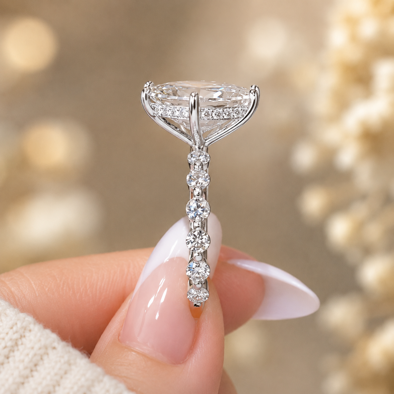 4.00 CT Dutch Marquise Lab-Grown Diamond Hidden Halo Engagement Ring in 14K White Gold – Round Side Stone Prong Set Design