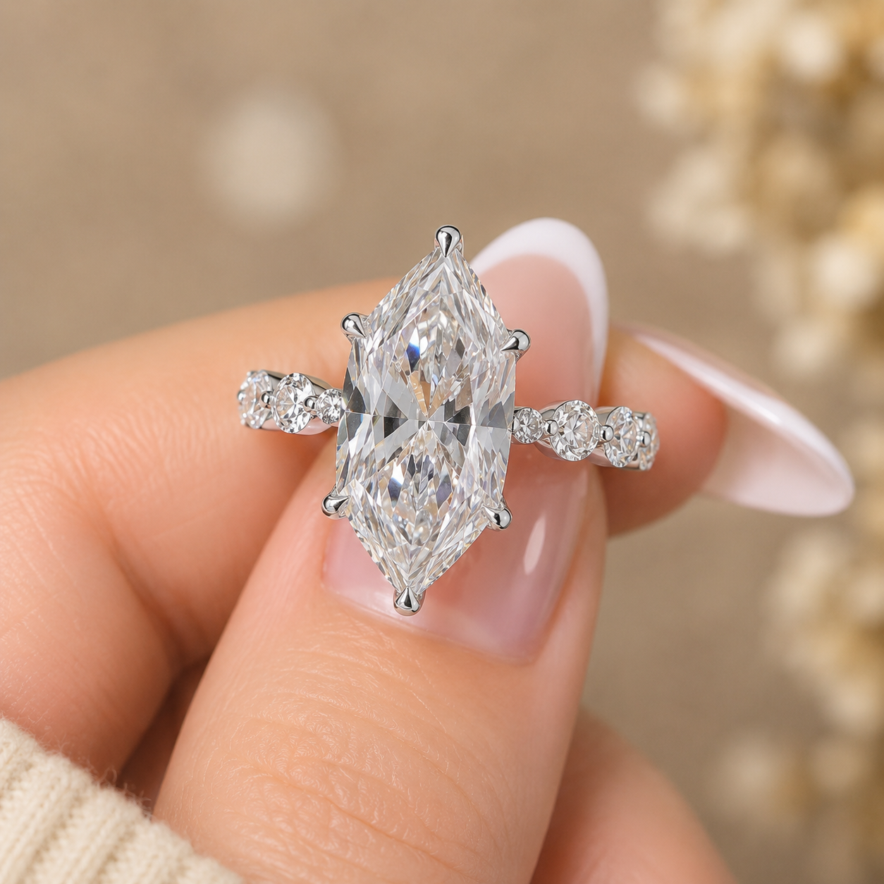 4.00 CT Dutch Marquise Lab-Grown Diamond Hidden Halo Engagement Ring in 14K White Gold – Round Side Stone Prong Set Design