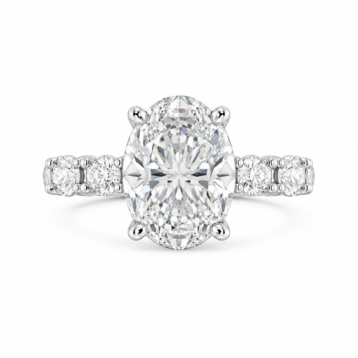 5.00 CT Oval Lab-Grown Diamond Hidden Halo Engagement Ring in 14K White Gold – Oval Side Stone Solitaire Design
