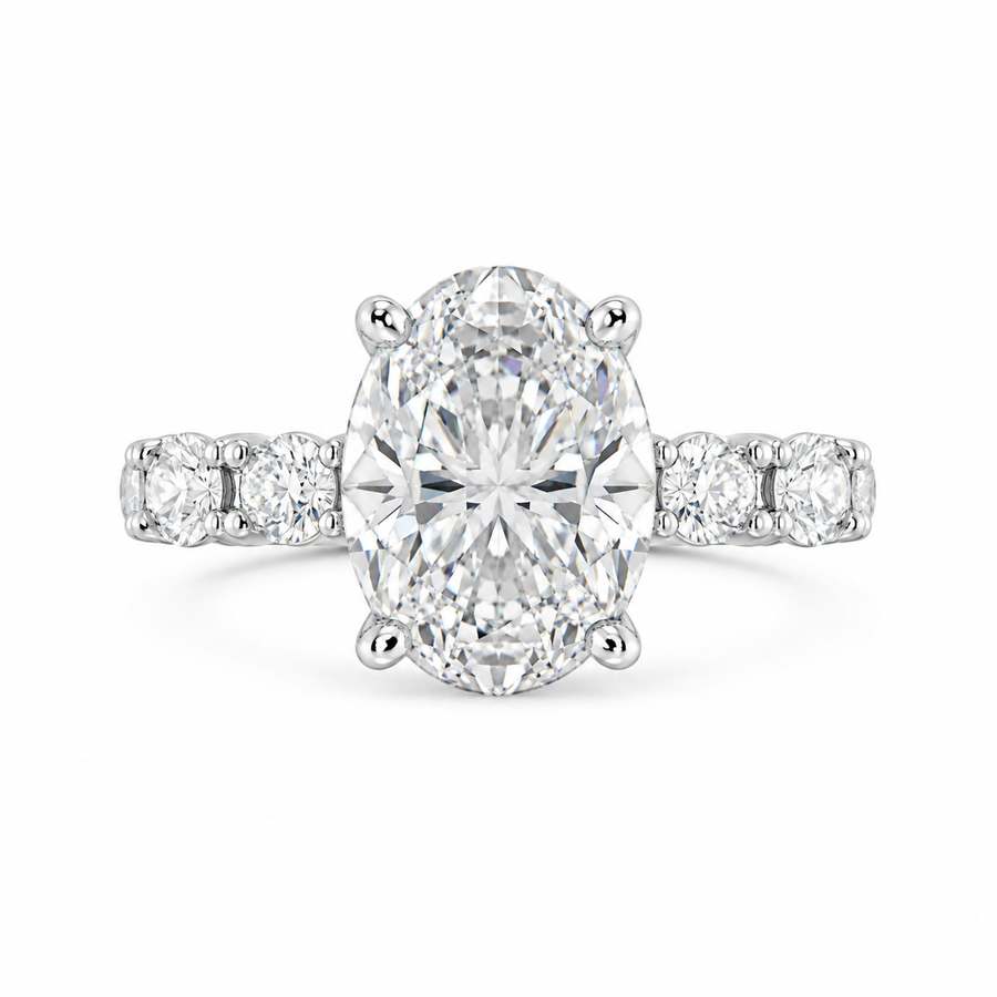 5.00 CT Oval Lab-Grown Diamond Hidden Halo Engagement Ring in 14K White Gold – Oval Side Stone Solitaire Design