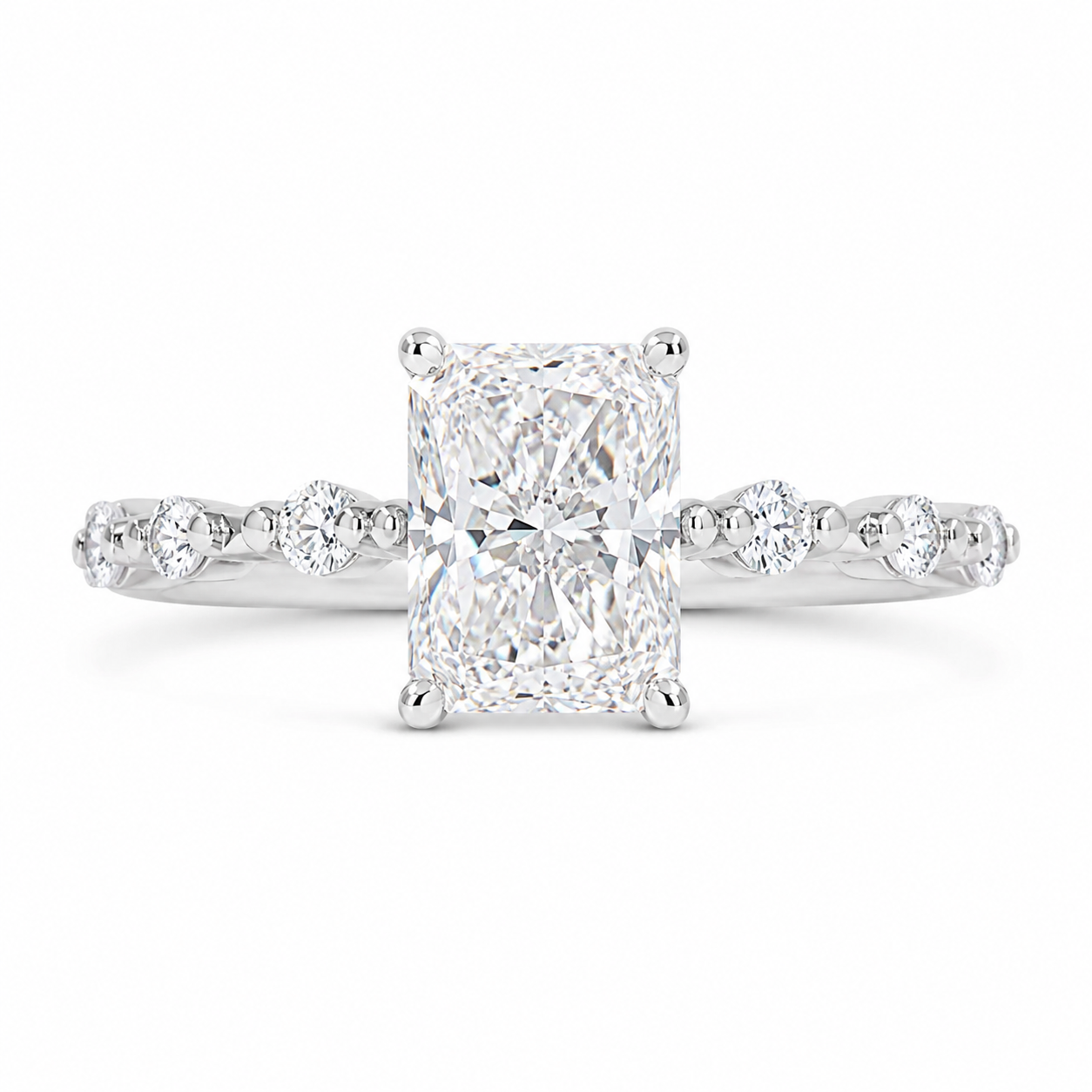 3.00 CT Radiant Cut Lab-Grown Diamond Hidden Halo Engagement Ring in 14K White Gold – Distance Pavé Wedding Band Design