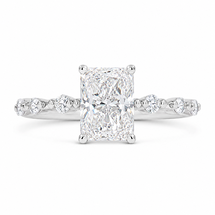 3.00 CT Radiant Cut Lab-Grown Diamond Hidden Halo Engagement Ring in 14K White Gold â€“ Distance PavÃ© Wedding Band Design from Diamond Studio