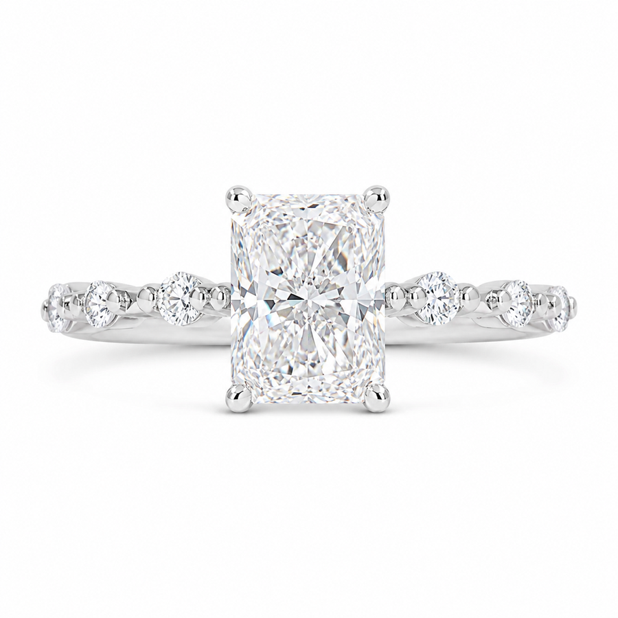 3.00 CT Radiant Cut Lab-Grown Diamond Hidden Halo Engagement Ring in 14K White Gold – Distance Pavé Wedding Band Design