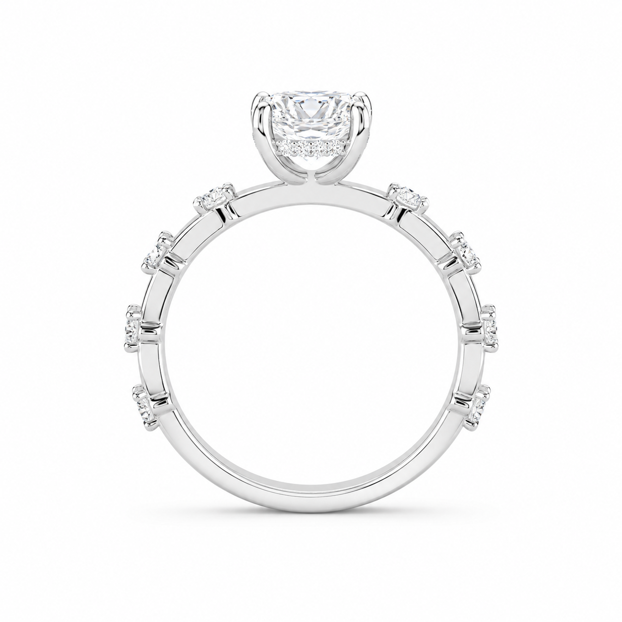 3.00 CT Radiant Cut Lab-Grown Diamond Hidden Halo Engagement Ring in 14K White Gold – Distance Pavé Wedding Band Design