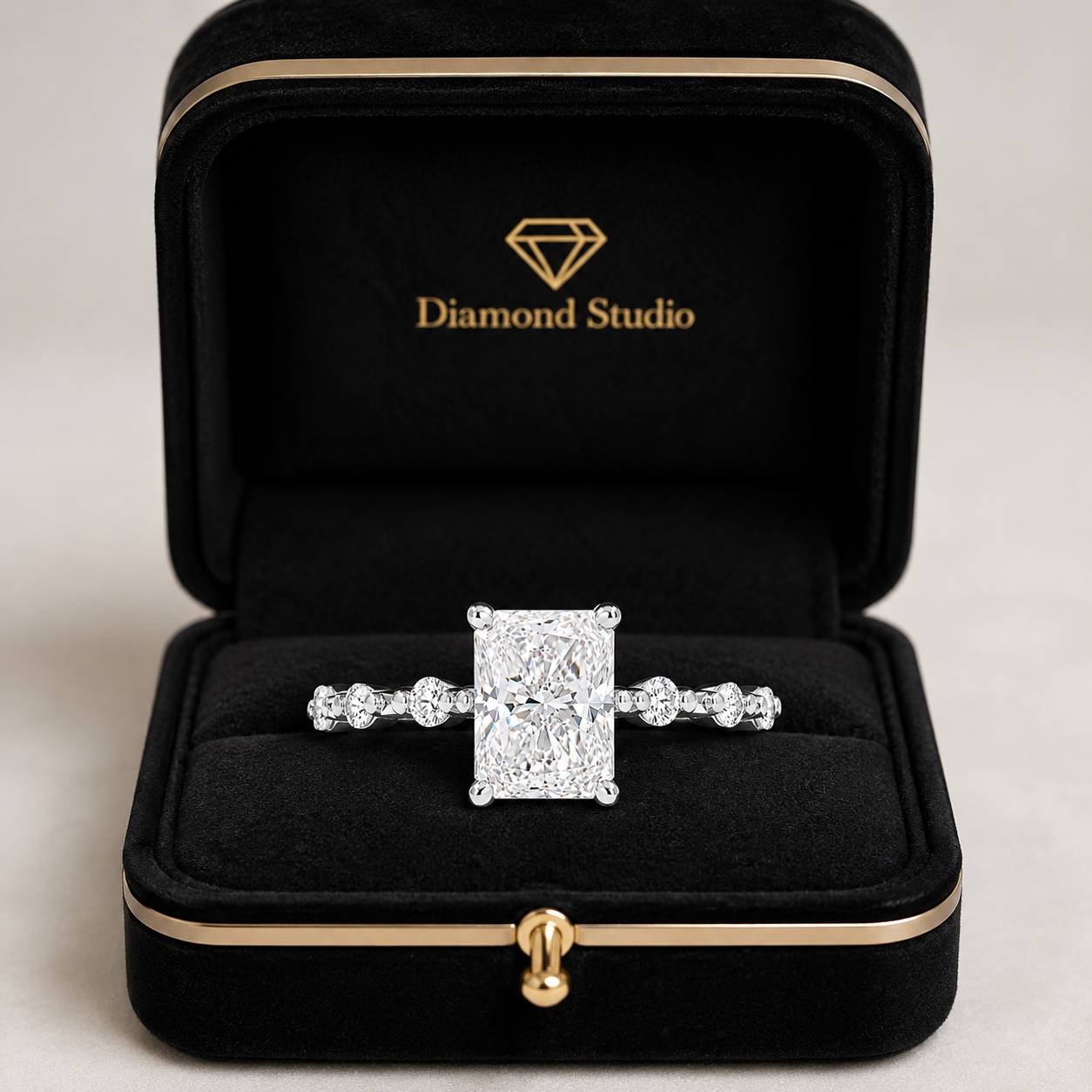 3.00 CT Radiant Cut Lab-Grown Diamond Hidden Halo Engagement Ring in 14K White Gold – Distance Pavé Wedding Band Design