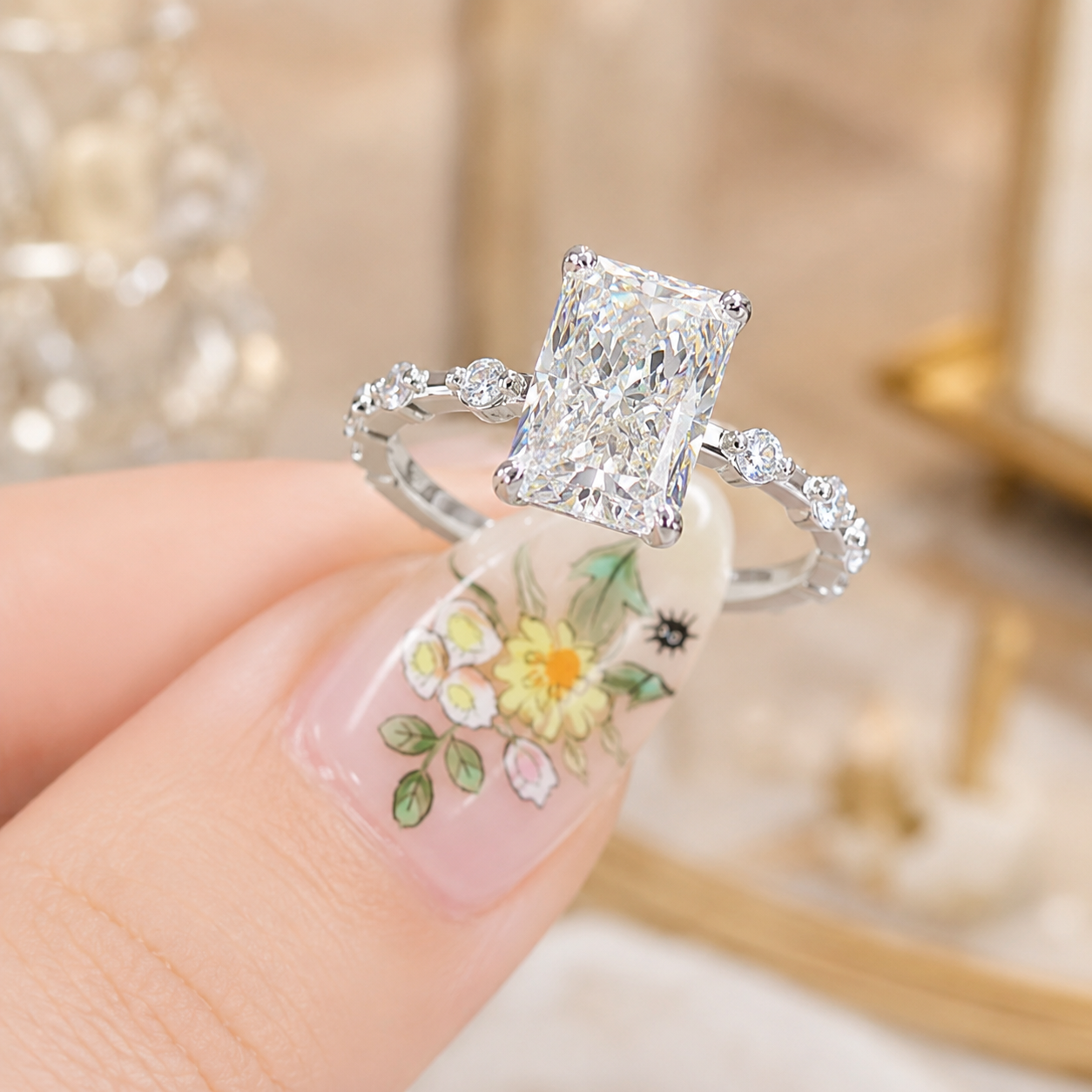 3.00 CT Radiant Cut Lab-Grown Diamond Hidden Halo Engagement Ring in 14K White Gold – Distance Pavé Wedding Band Design