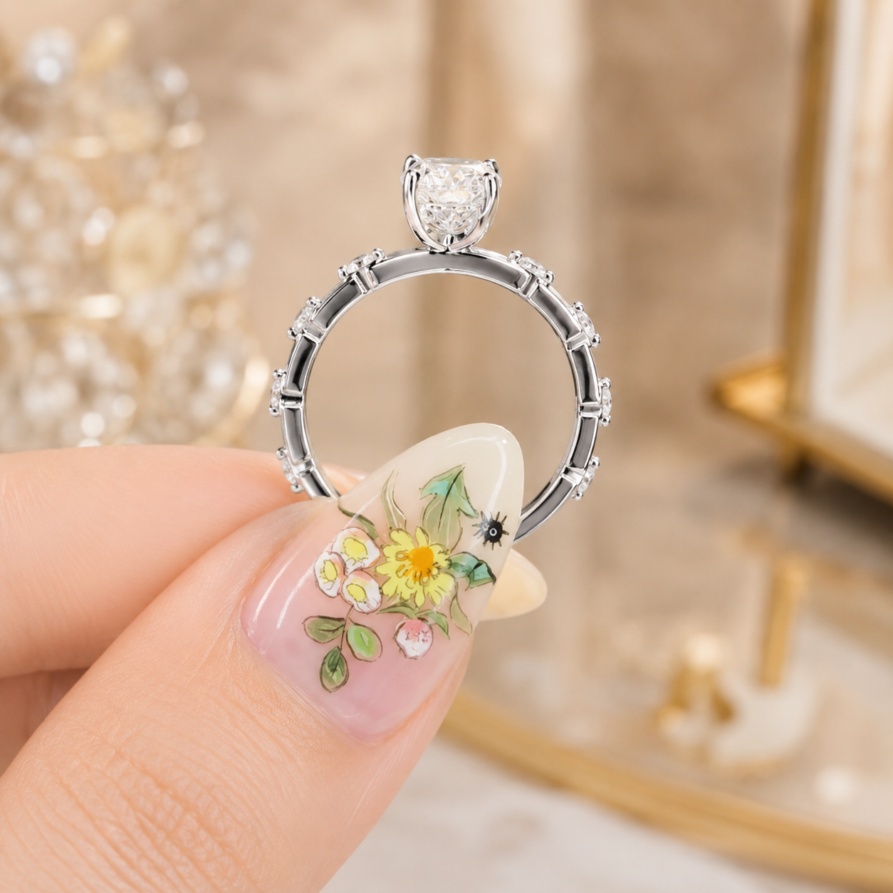 3.00 CT Radiant Cut Lab-Grown Diamond Hidden Halo Engagement Ring in 14K White Gold – Distance Pavé Wedding Band Design