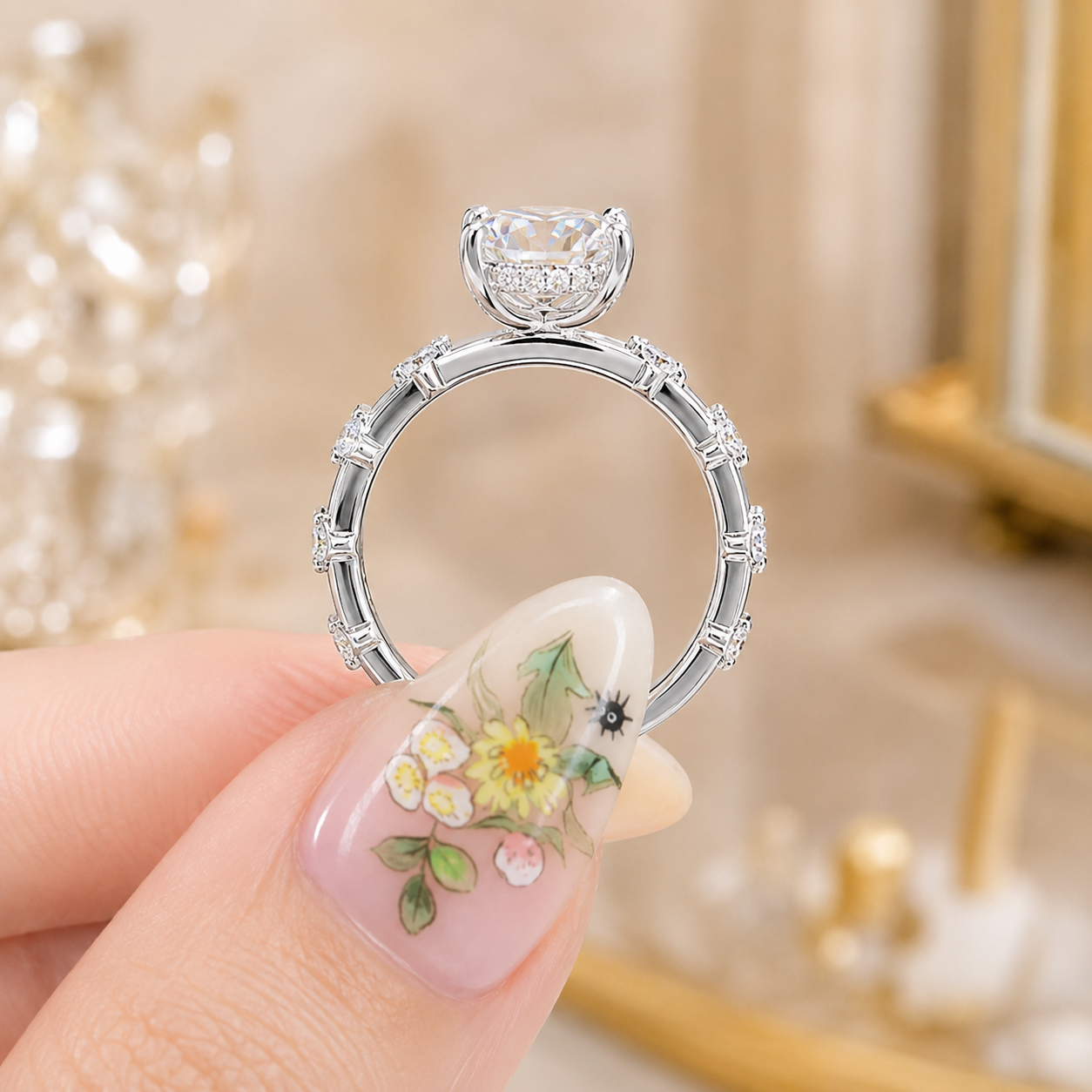 3.00 CT Radiant Cut Lab-Grown Diamond Hidden Halo Engagement Ring in 14K White Gold – Distance Pavé Wedding Band Design