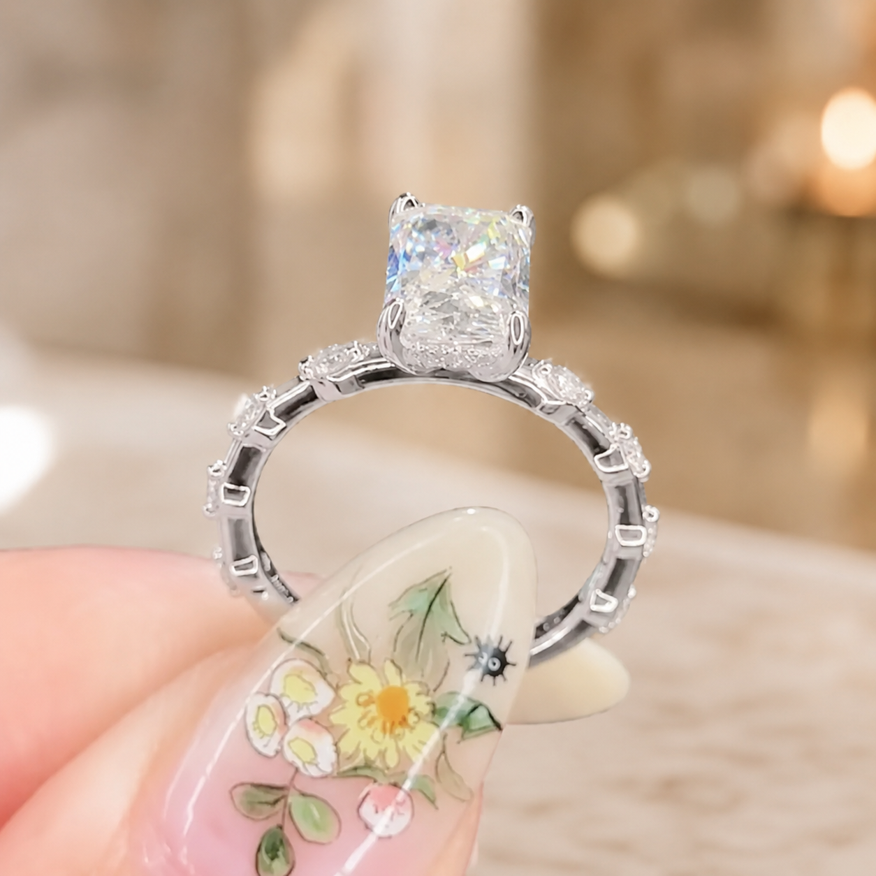 3.00 CT Radiant Cut Lab-Grown Diamond Hidden Halo Engagement Ring in 14K White Gold – Distance Pavé Wedding Band Design