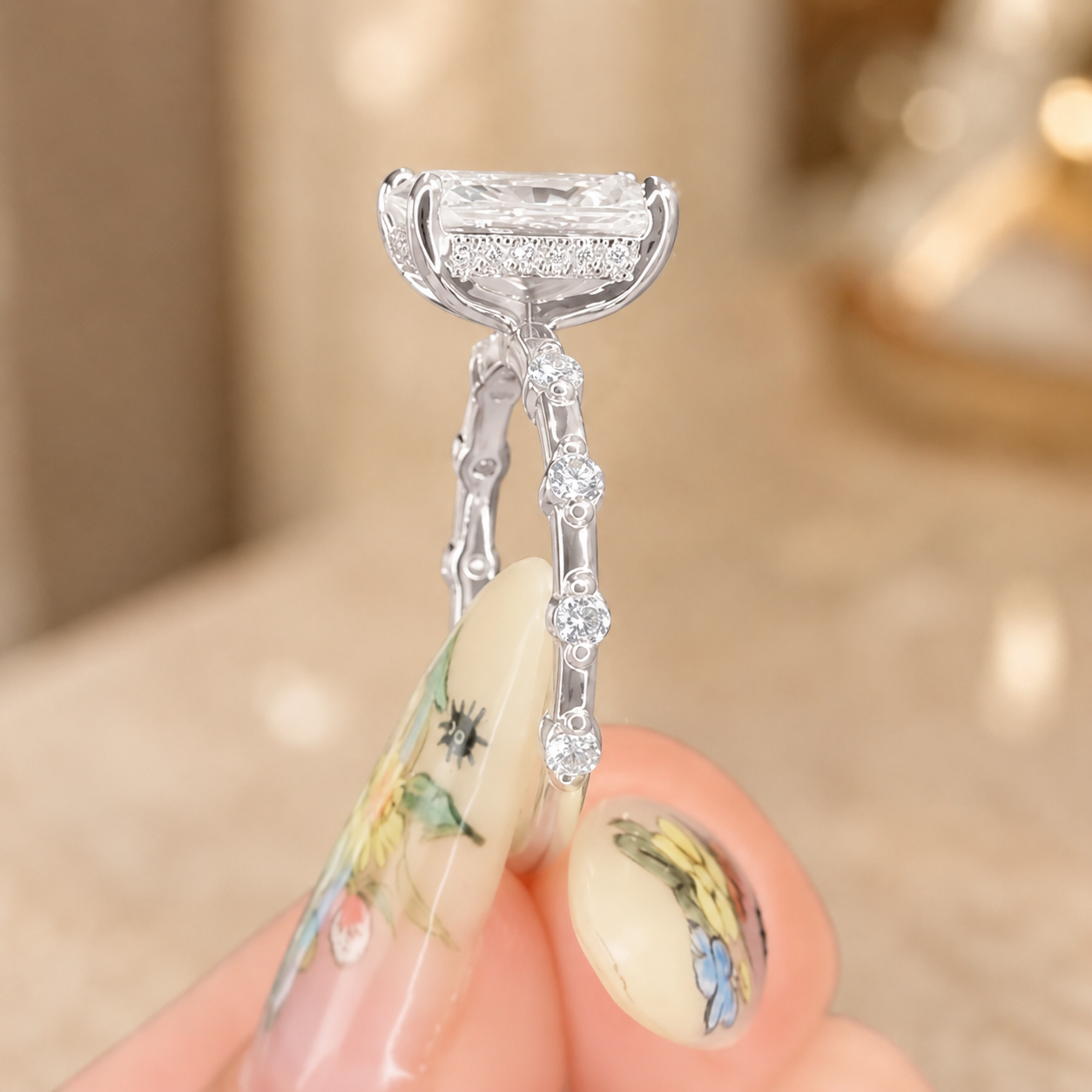 3.00 CT Radiant Cut Lab-Grown Diamond Hidden Halo Engagement Ring in 14K White Gold – Distance Pavé Wedding Band Design