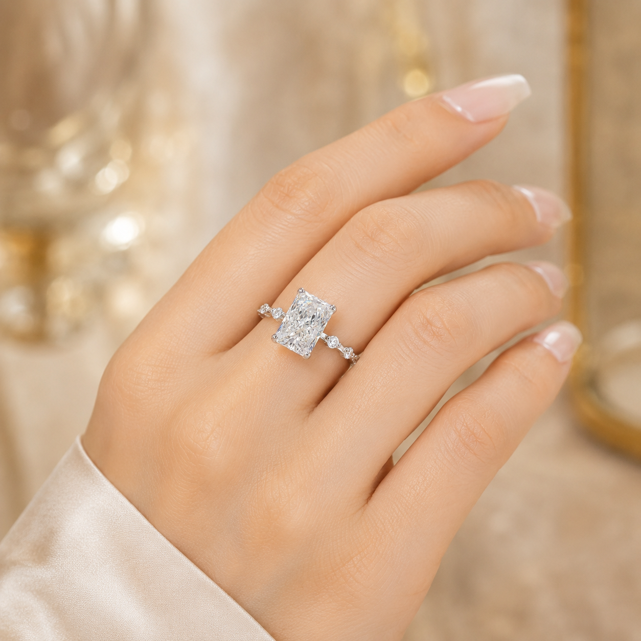 3.00 CT Radiant Cut Lab-Grown Diamond Hidden Halo Engagement Ring in 14K White Gold – Distance Pavé Wedding Band Design