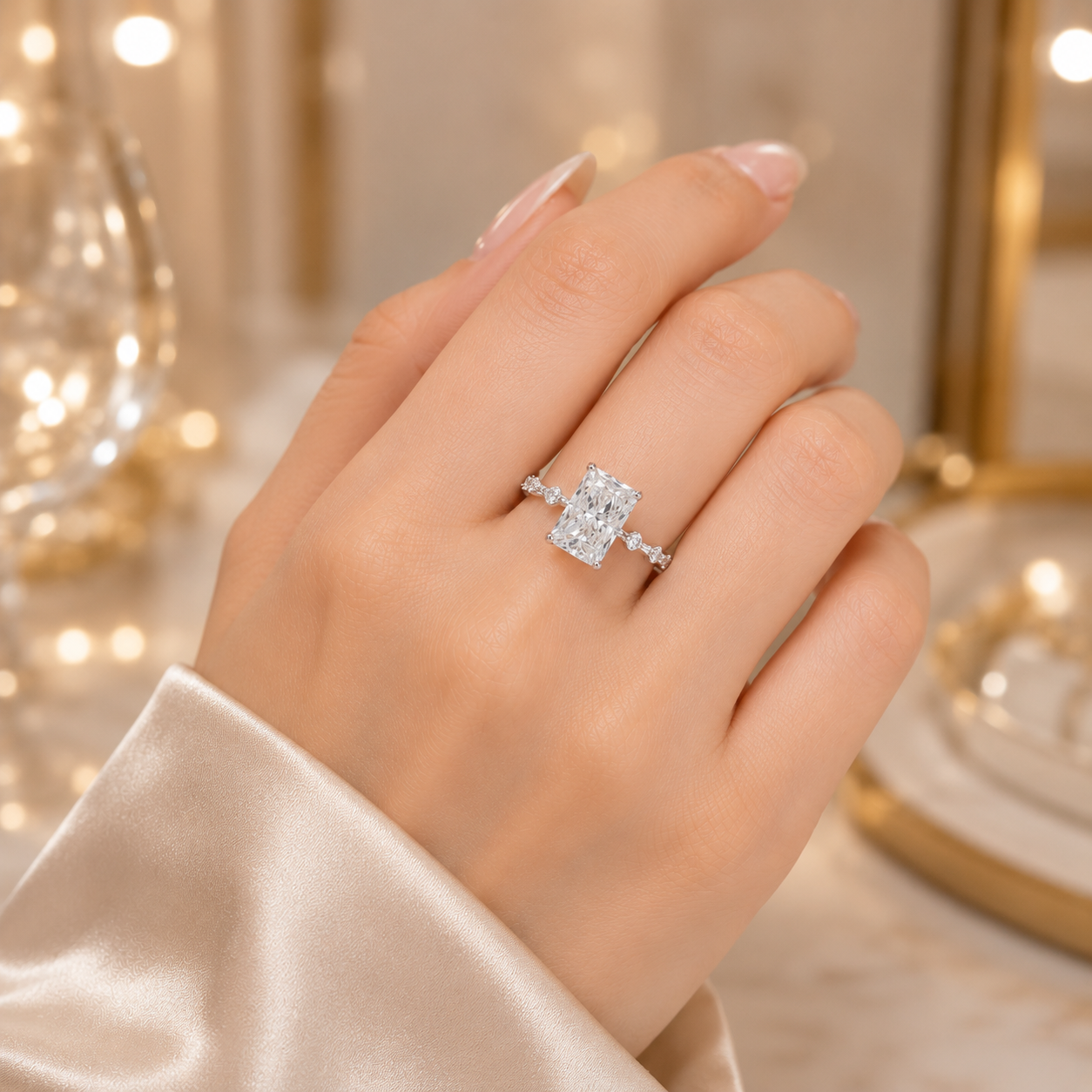 3.00 CT Radiant Cut Lab-Grown Diamond Hidden Halo Engagement Ring in 14K White Gold – Distance Pavé Wedding Band Design