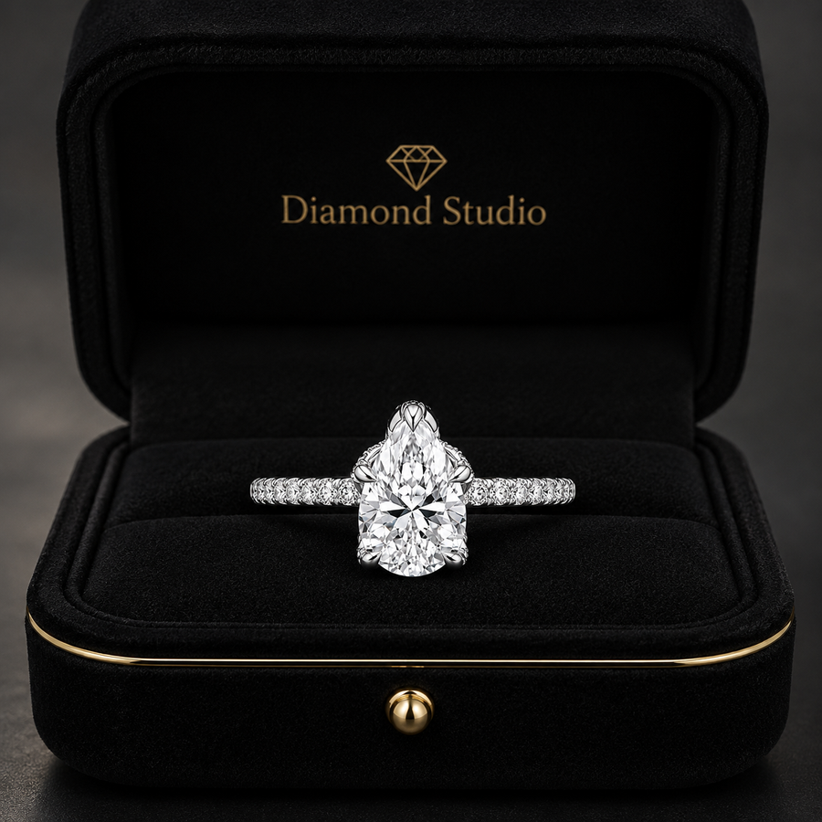1.51 CT Pear Cut Lab-Grown Diamond Hidden Halo Engagement Ring in 14K White Gold – Timeless Anniversary Design