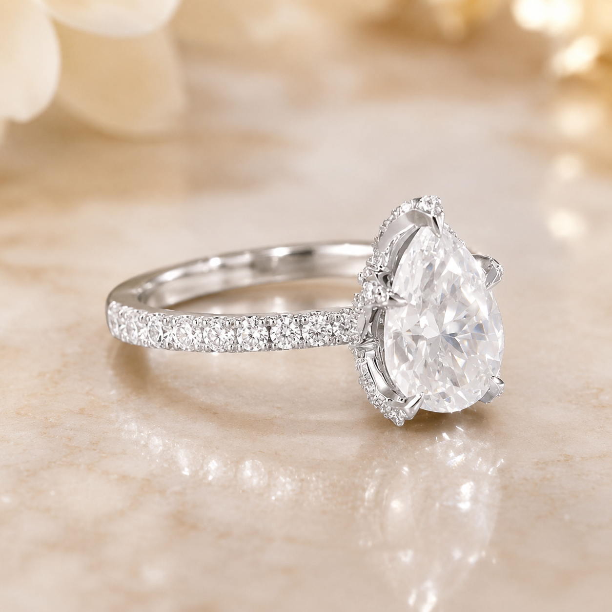 1.51 CT Pear Cut Lab-Grown Diamond Hidden Halo Engagement Ring in 14K White Gold – Timeless Anniversary Design