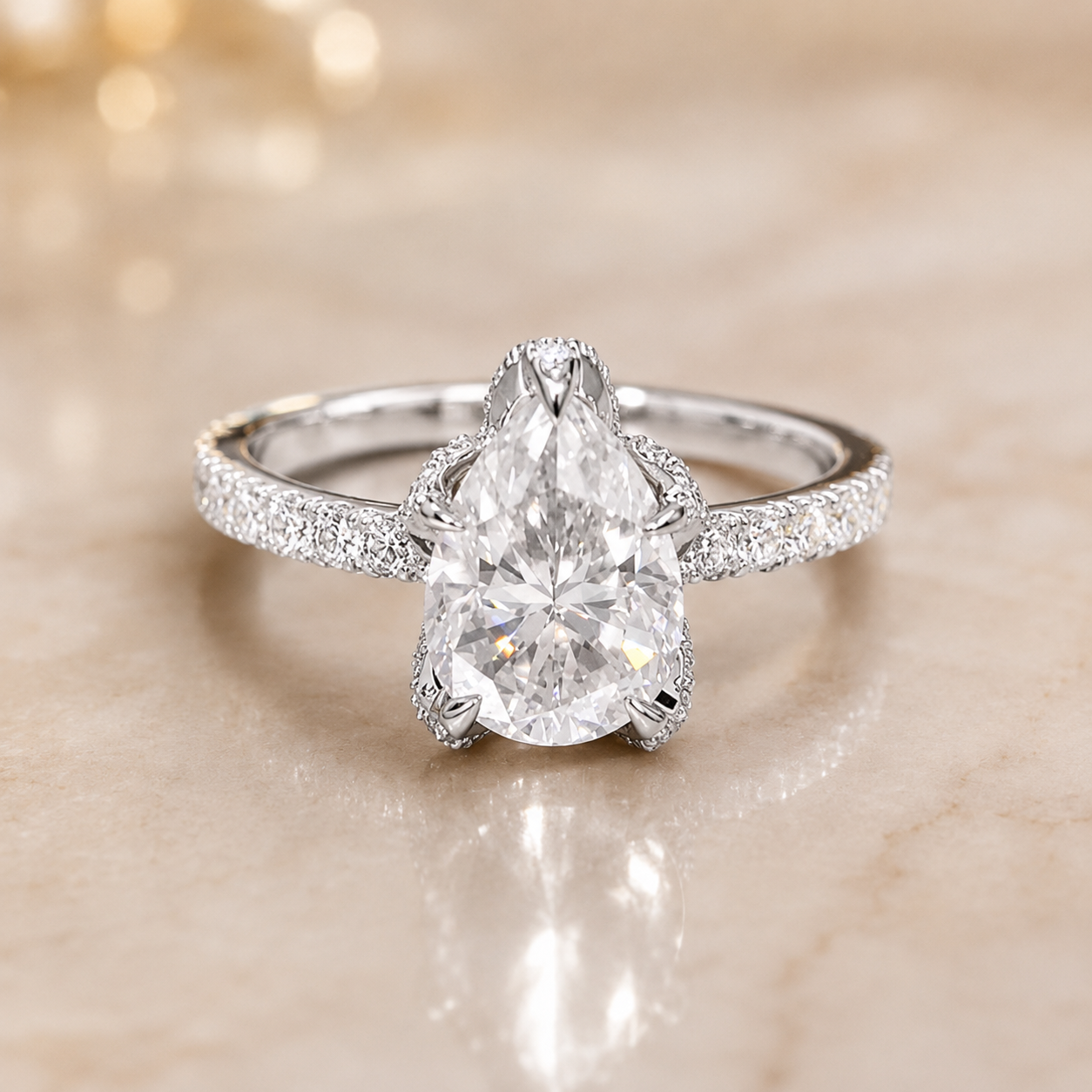 1.51 CT Pear Cut Lab-Grown Diamond Hidden Halo Engagement Ring in 14K White Gold – Timeless Anniversary Design