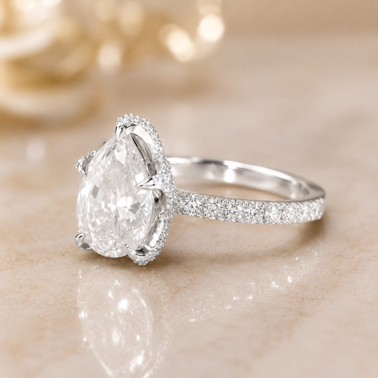 1.51 CT Pear Cut Lab-Grown Diamond Hidden Halo Engagement Ring in 14K White Gold – Timeless Anniversary Design