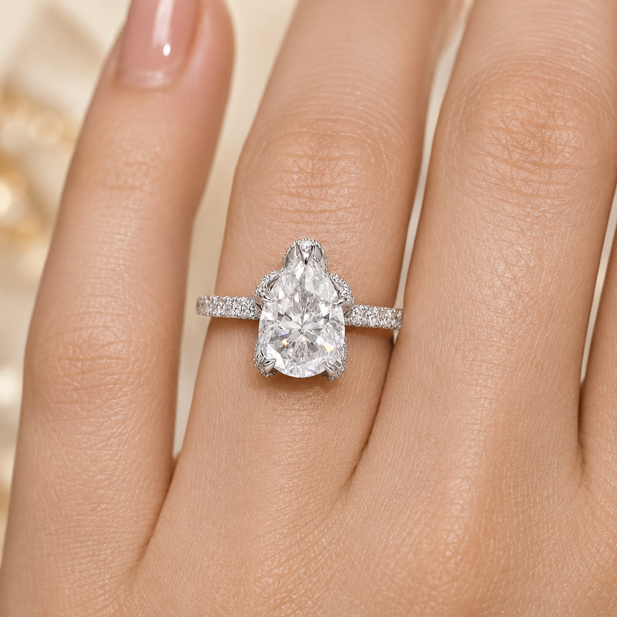 1.51 CT Pear Cut Lab-Grown Diamond Hidden Halo Engagement Ring in 14K White Gold – Timeless Anniversary Design