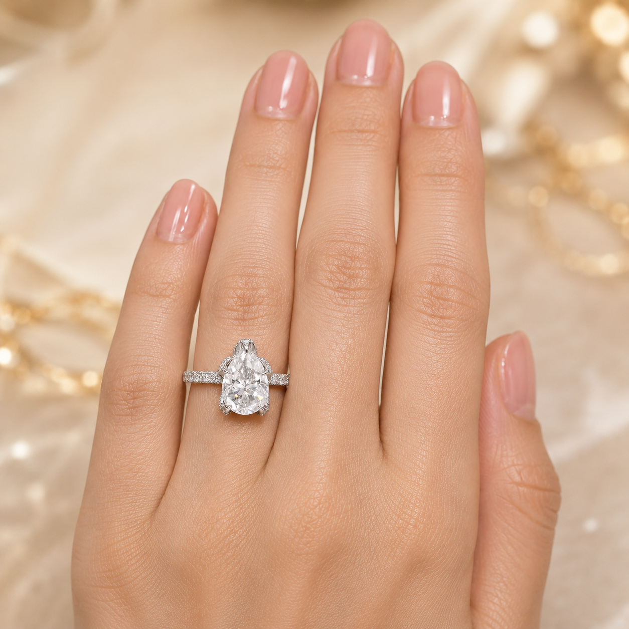 1.51 CT Pear Cut Lab-Grown Diamond Hidden Halo Engagement Ring in 14K White Gold – Timeless Anniversary Design