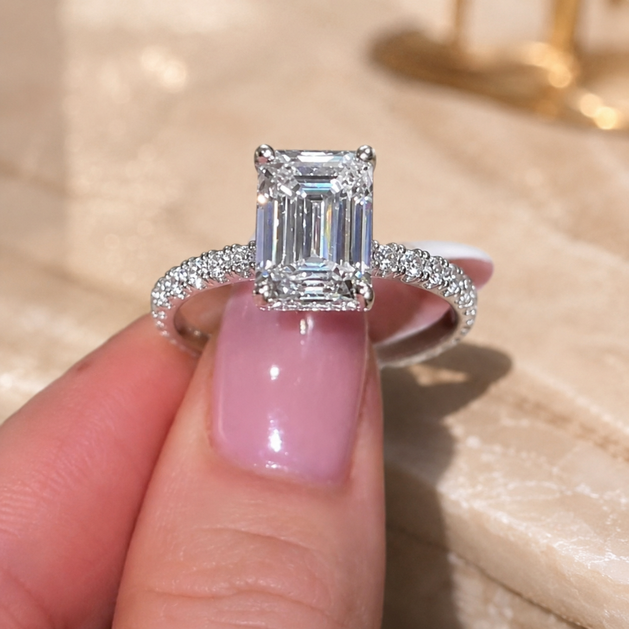 4.00 CT Emerald Cut Lab-Grown Diamond Hidden Halo Engagement Ring in 14K White Gold – Stackable Anniversary Design