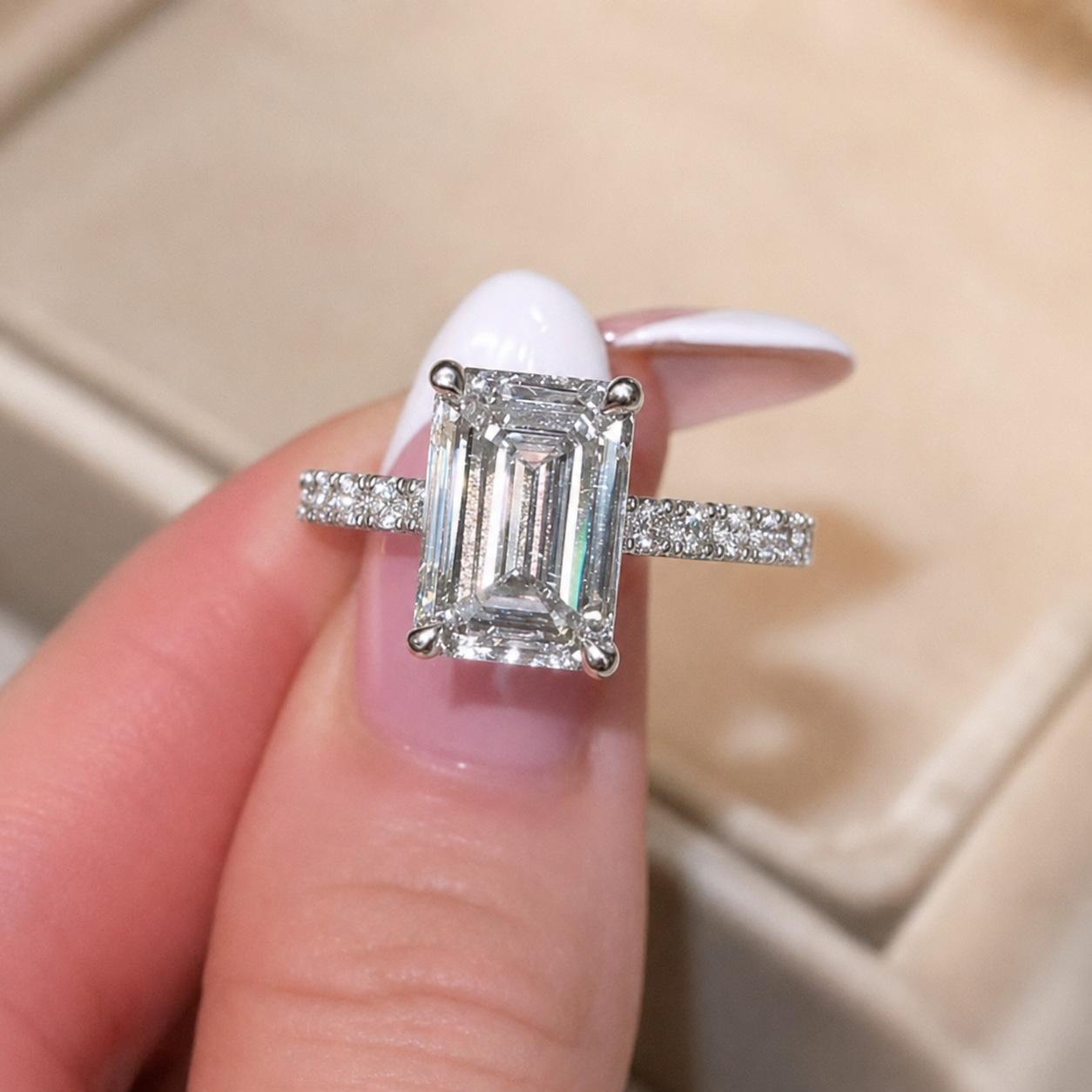 4.00 CT Emerald Cut Lab-Grown Diamond Hidden Halo Engagement Ring in 14K White Gold – Stackable Anniversary Design