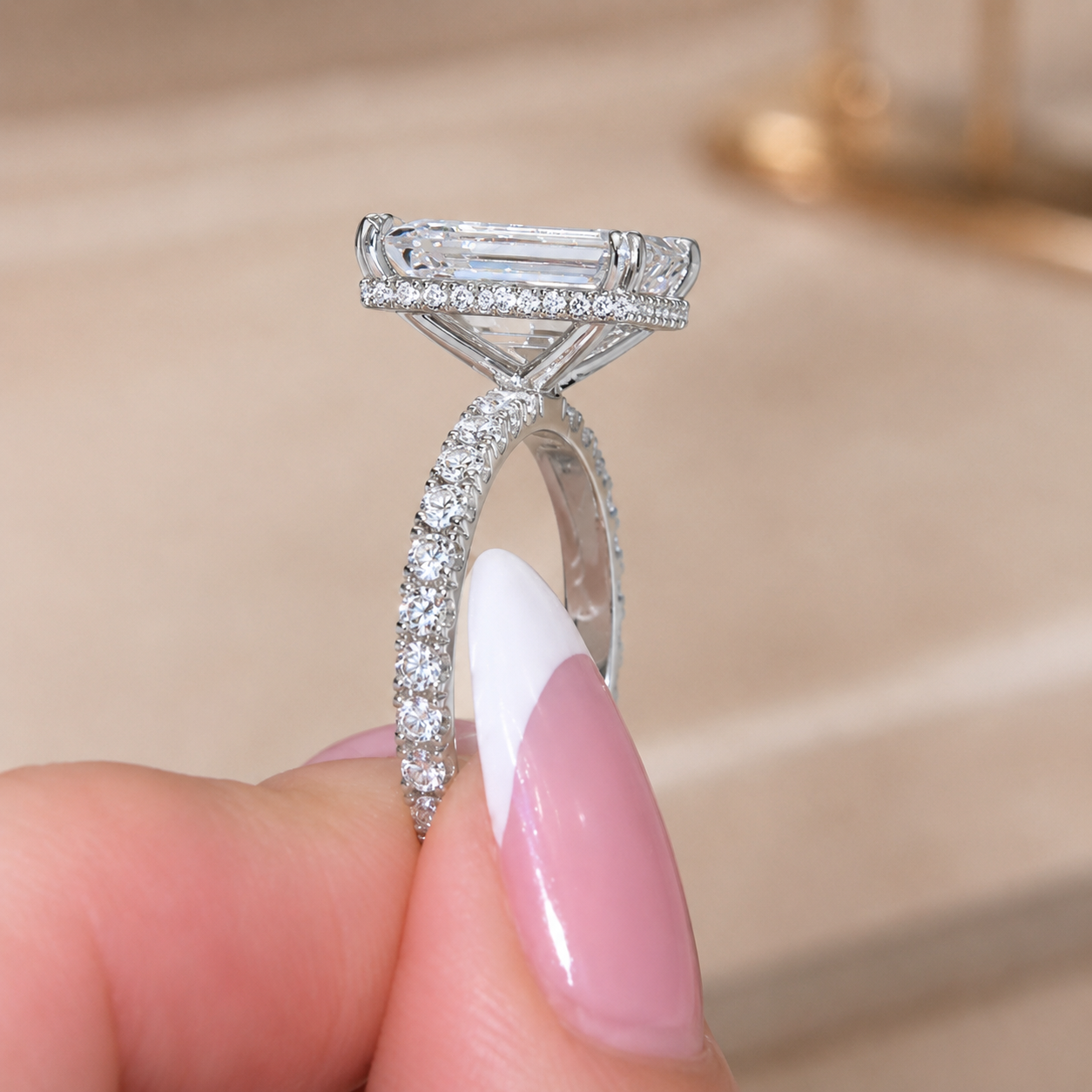 4.00 CT Emerald Cut Lab-Grown Diamond Hidden Halo Engagement Ring in 14K White Gold – Stackable Anniversary Design