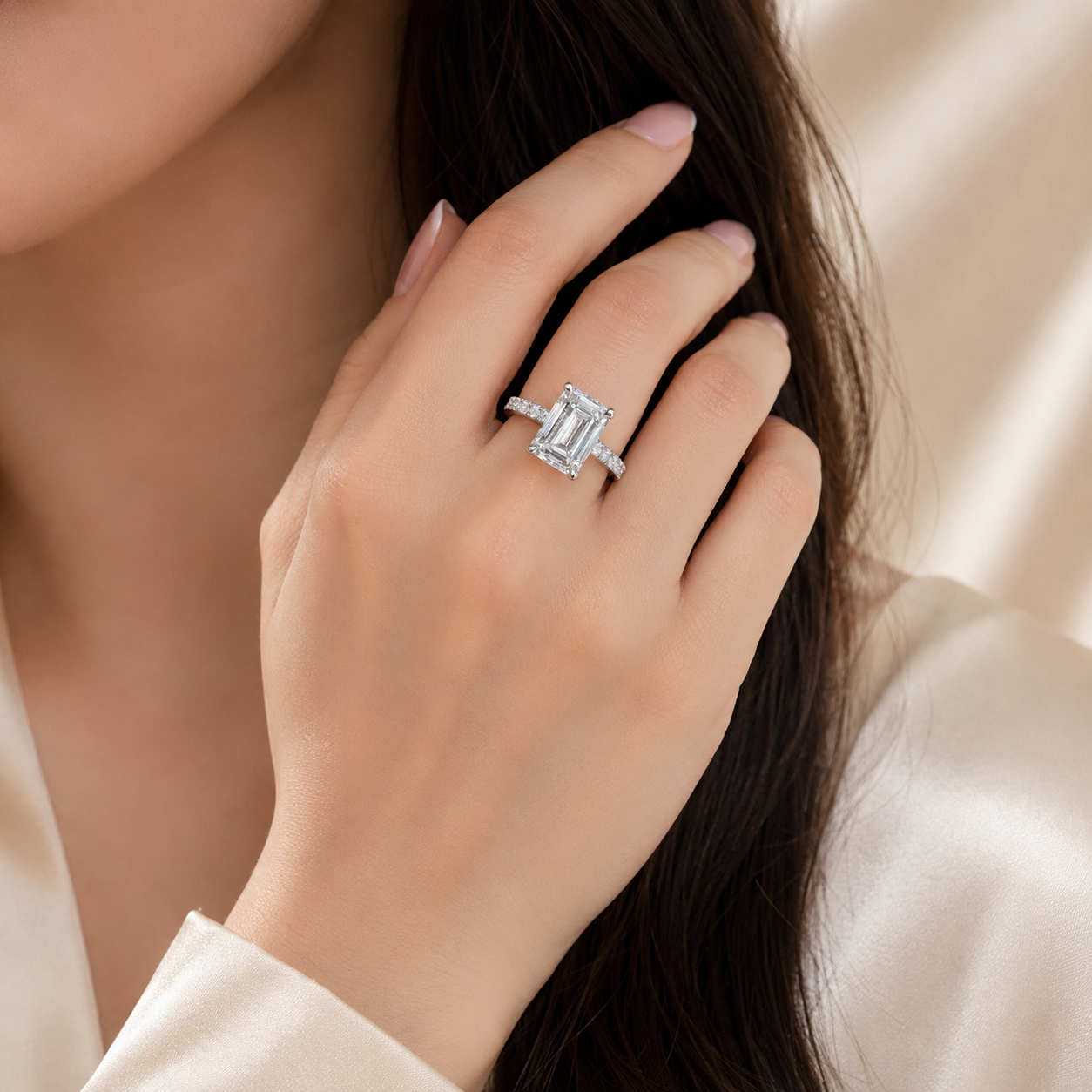 4.00 CT Emerald Cut Lab-Grown Diamond Hidden Halo Engagement Ring in 14K White Gold – Stackable Anniversary Design