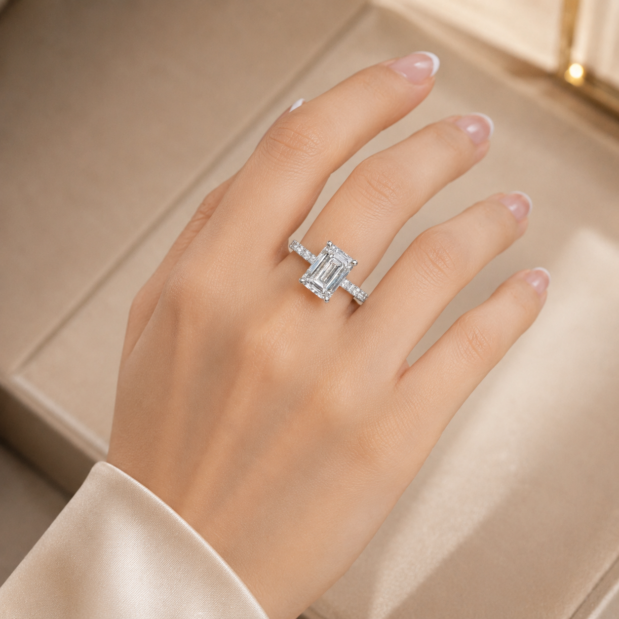 4.00 CT Emerald Cut Lab-Grown Diamond Hidden Halo Engagement Ring in 14K White Gold – Stackable Anniversary Design