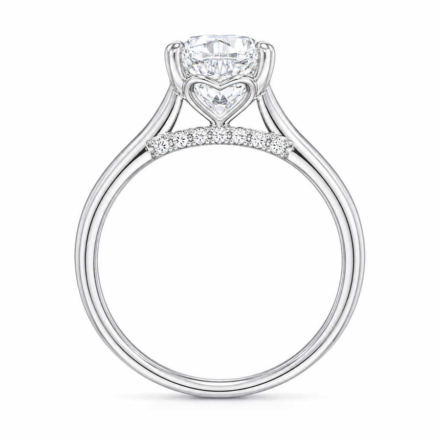 3.00 CT Oval Lab-Grown Diamond Hidden Halo Engagement Ring in 14K White Gold – Hidden Heart Detail Pavé Bridge Design