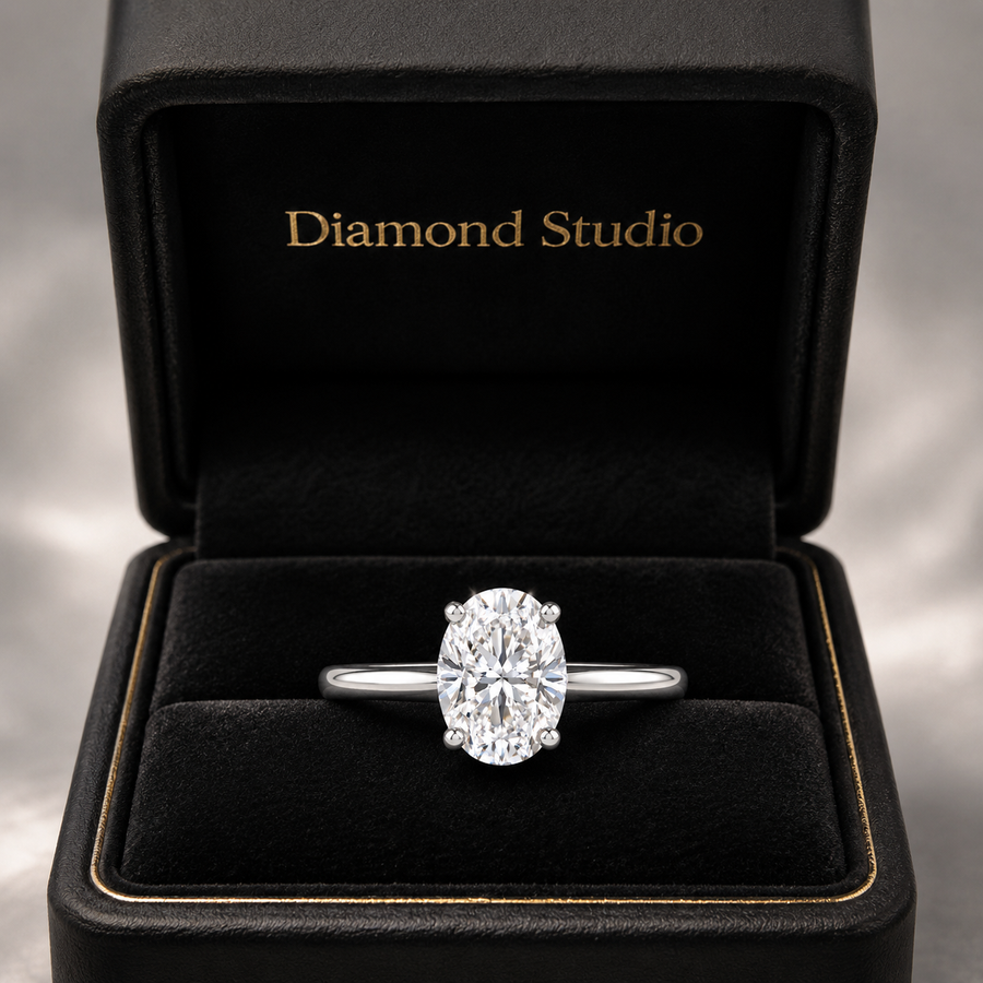 3.00 CT Oval Lab-Grown Diamond Hidden Halo Engagement Ring in 14K White Gold – Hidden Heart Detail Pavé Bridge Design