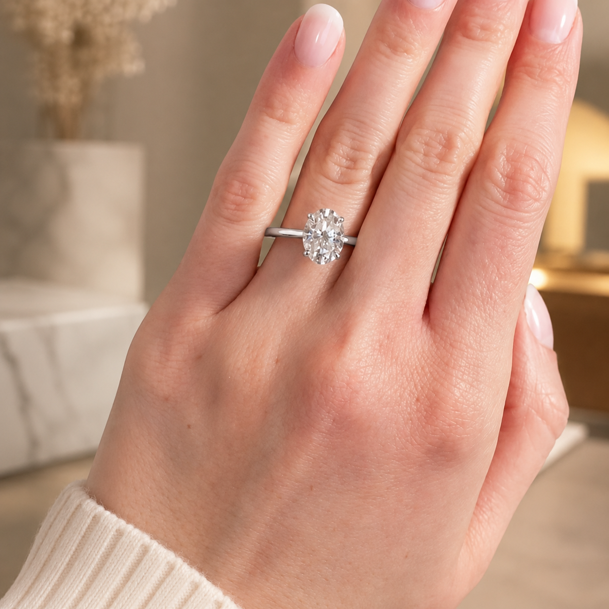 3.00 CT Oval Lab-Grown Diamond Hidden Halo Engagement Ring in 14K White Gold – Hidden Heart Detail Pavé Bridge Design