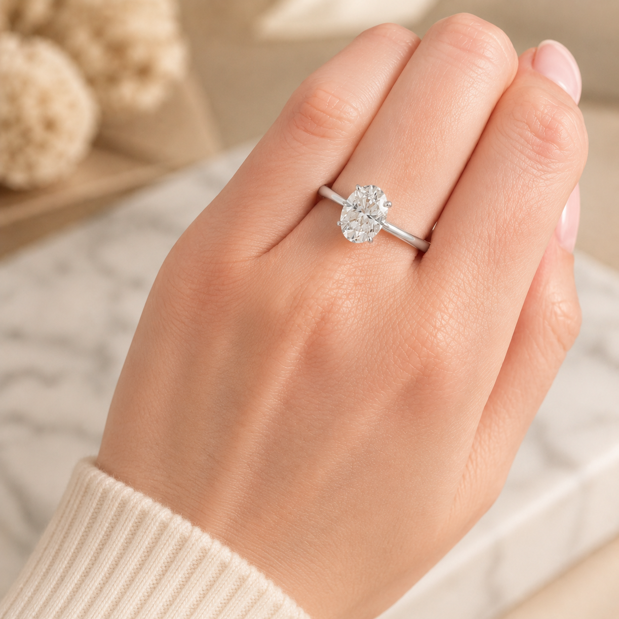 3.00 CT Oval Lab-Grown Diamond Hidden Halo Engagement Ring in 14K White Gold – Hidden Heart Detail Pavé Bridge Design