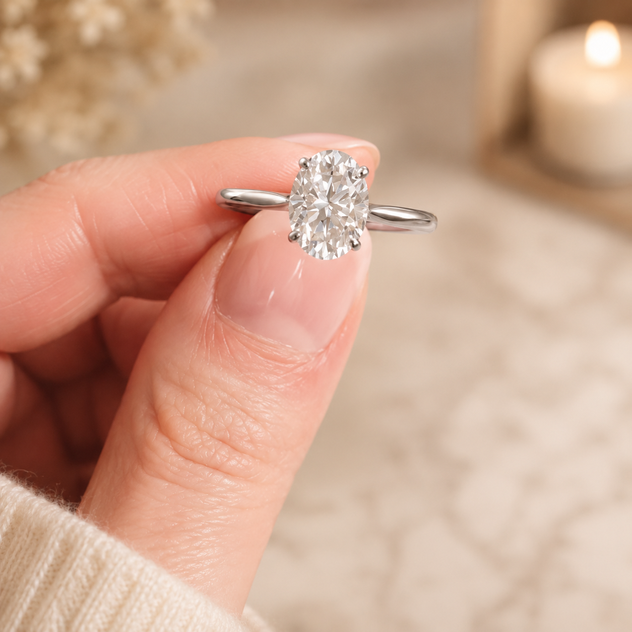 3.00 CT Oval Lab-Grown Diamond Hidden Halo Engagement Ring in 14K White Gold – Hidden Heart Detail Pavé Bridge Design