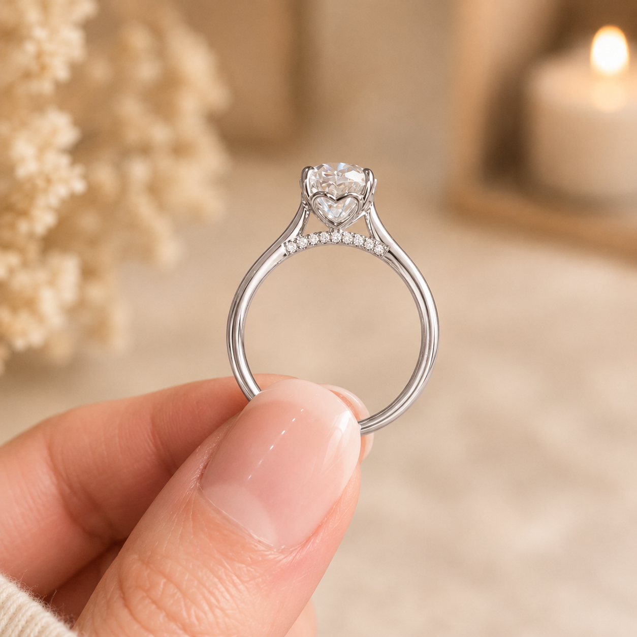 3.00 CT Oval Lab-Grown Diamond Hidden Halo Engagement Ring in 14K White Gold – Hidden Heart Detail Pavé Bridge Design